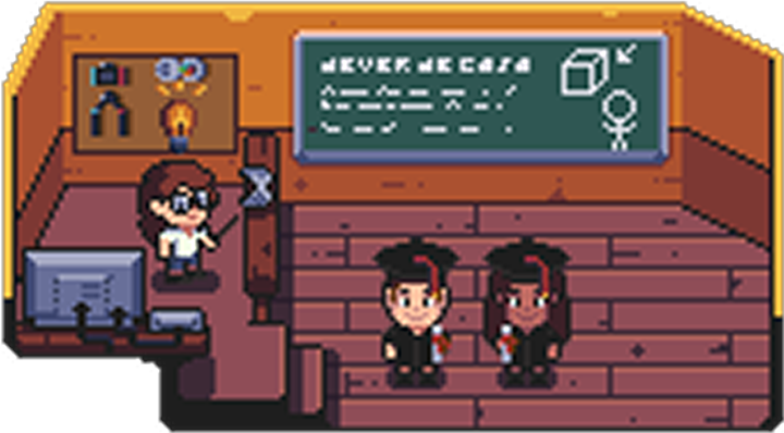 Ilustração em pixel art de uma sala de aula com estudantes